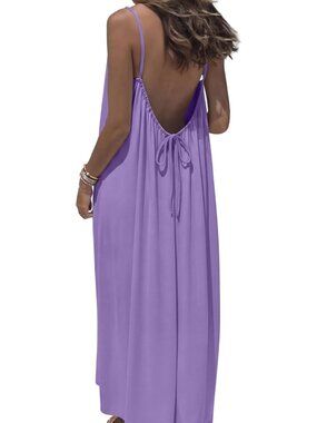 Women's Purple Summer Sundresses Spaghetti Strap Backless Cami Maxi Dresses